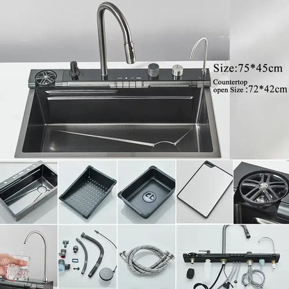 Modern black stainless steel waterfall kitchen sink with sleek curved faucet and integrated digital display controls