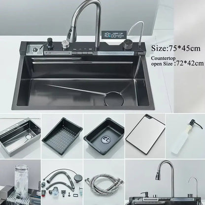 Modern stainless steel waterfall kitchen sink with digital display kitchen - Decorbites