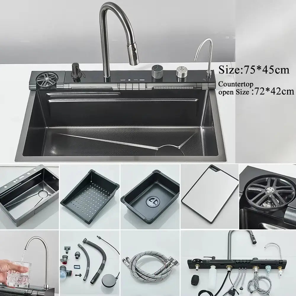 Modern stainless steel waterfall kitchen sink with digital display kitchen - Decorbites