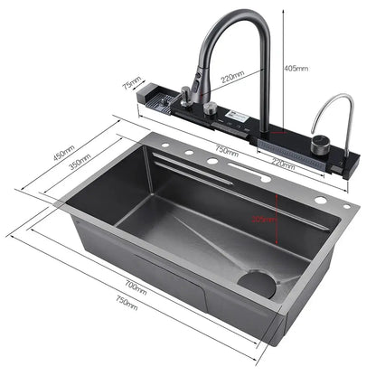 Modern stainless steel waterfall kitchen sink in black with matching gooseneck faucet and integrated spray head