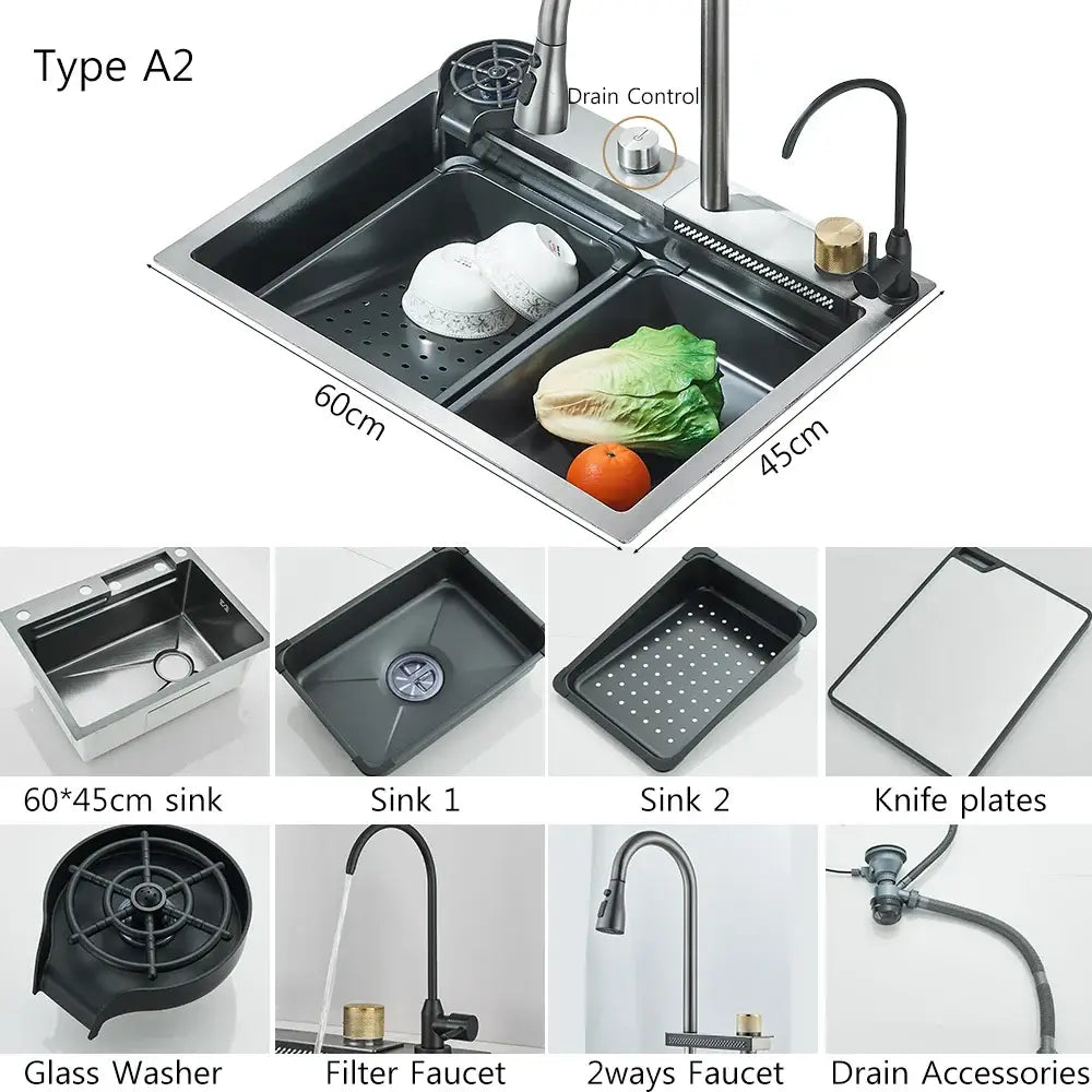 Modern stainless steel waterfall kitchen sink with double basin integrated drain control and filter faucet