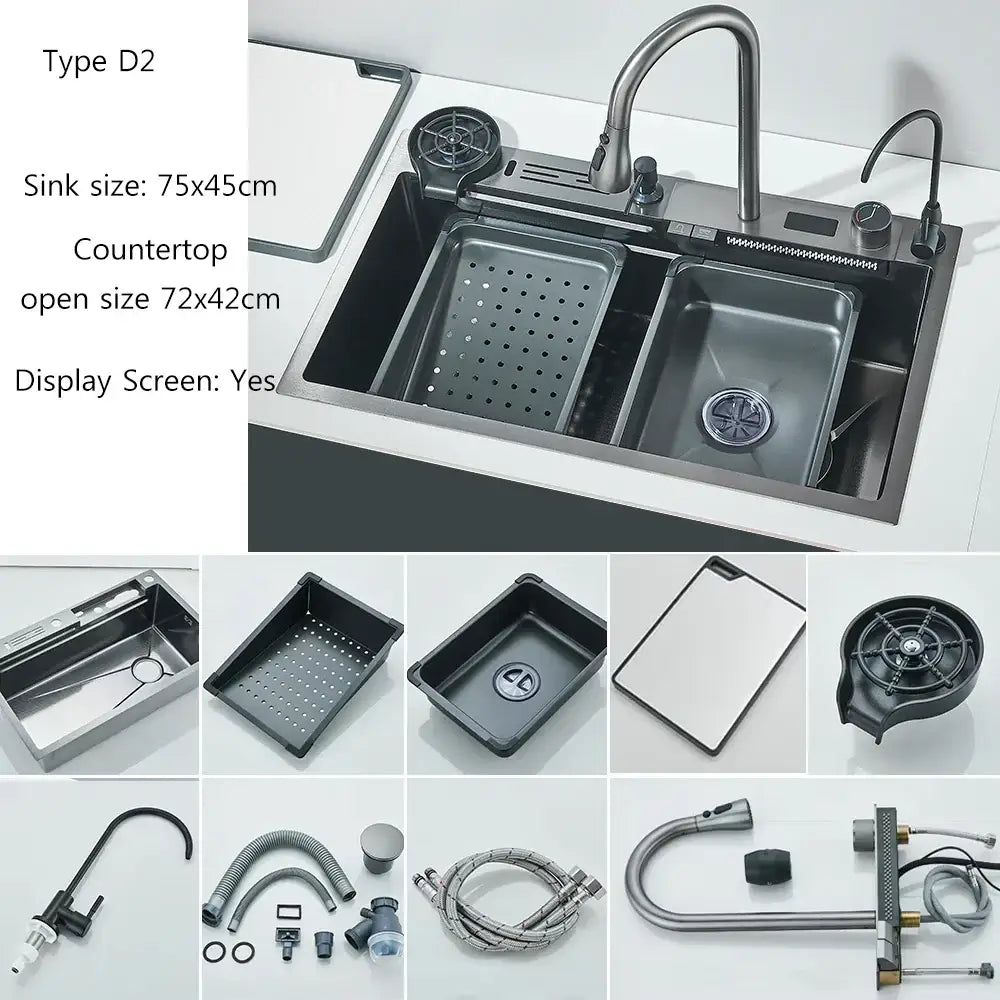 Modern stainless steel waterfall kitchen sink featuring type d2 double basin, integrated faucet, and digital display screen