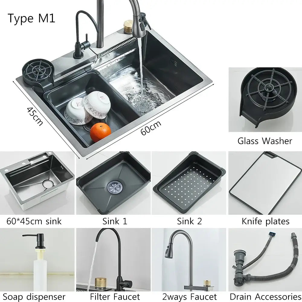 Modern stainless steel waterfall kitchen sink in silver with two compartments and integrated digital faucet
