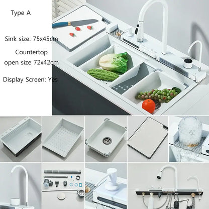 Modern stainless steel waterfall kitchen sink in white with integrated digital faucet and three compartments for produce