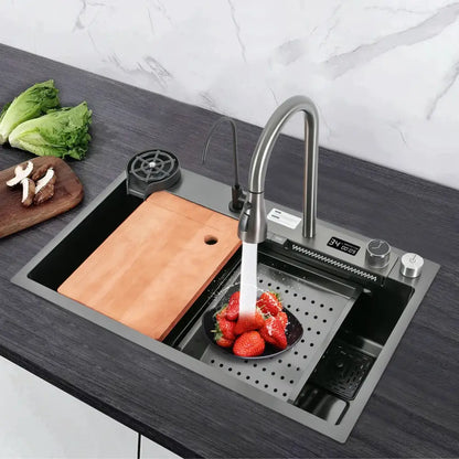Modern stainless steel waterfall kitchen sink with sleek curved pull out faucet and integrated digital display