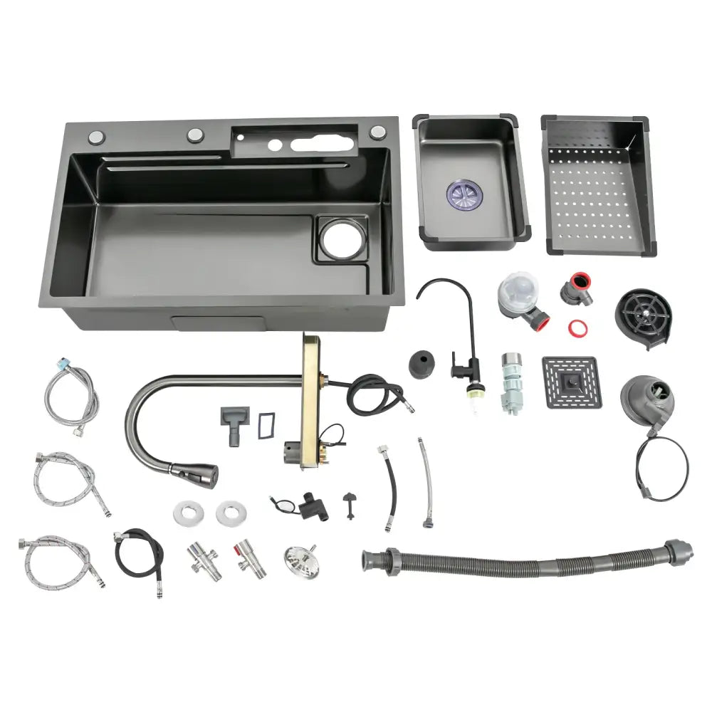 Black stainless steel undermount kitchen sink with integrated drain and pull out faucet in modern stainless steel design