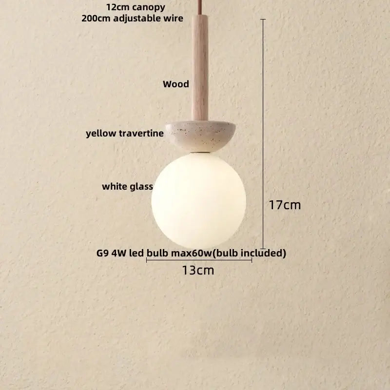 Minimalist pendant lamp with wooden canopy yellow travertine base and white glass ball led for dining room decorbites glass ball