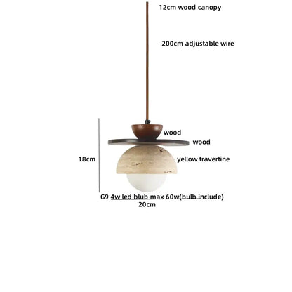 Modern pendant lamp with yellow travertine glass ball led shade, 12cm wood canopy, and 200cm adjustable wire for dining room decorbites glass ball
