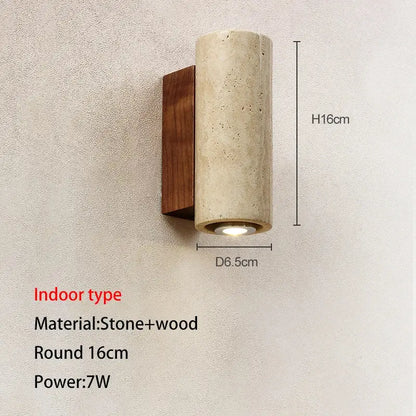 Minimalist modern wall lamp with cylindrical stone body and warm wood base for decorbites cave stone outdoor use