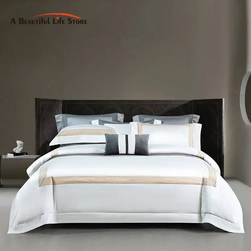 Modern striped white and beige luxury bedding set in satin cotton with gray accent stripes for king size decorbites king size luxury