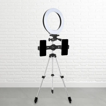 Modern style black and silver led ring flash light with tripod and dual phone holders for streaming and photography use