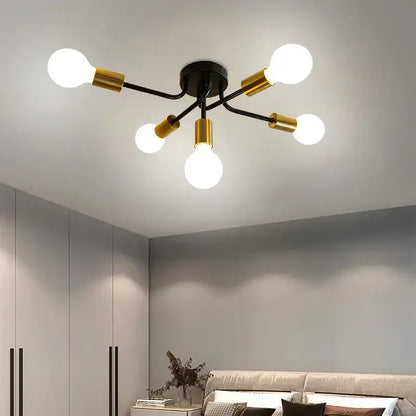 Modern symmetrical brass ceiling light in black and gold with five exposed bulbs for living room decorbites brass ceiling light