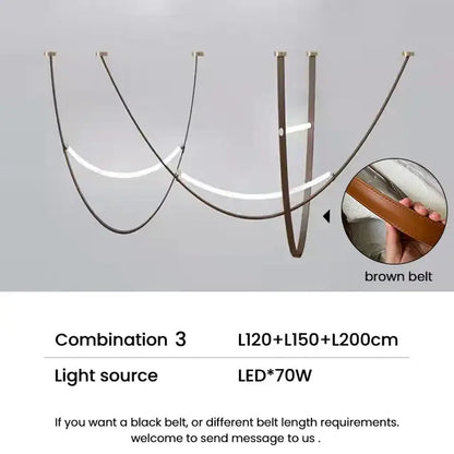Modern tan leather and brass led tube suspension chandelier with curved arms and warm white lighting for living room