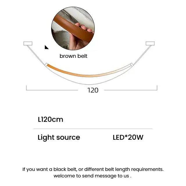 Brown leather belt with led lighting 120cm length complementing modern tan leather and brass led tube suspension chandelier