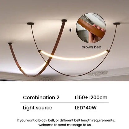 Modern tan leather and brass led tube suspension chandelier with brown leather belt-style integrated led lighting