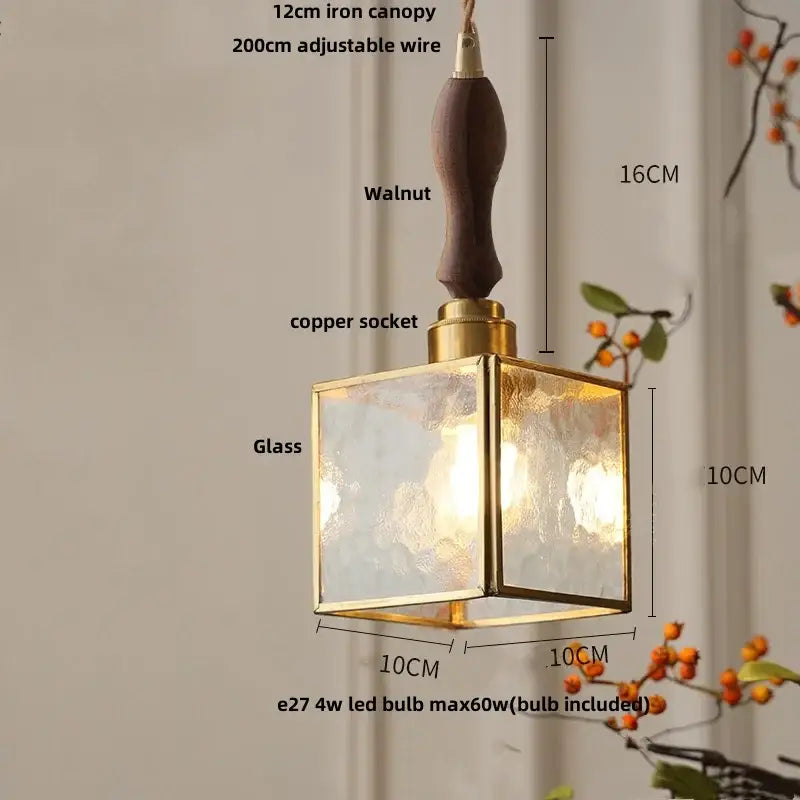 Modern teal and amber decorbites copper glass led pendant lamp with brass frame and walnut iron canopy for dining room decor
