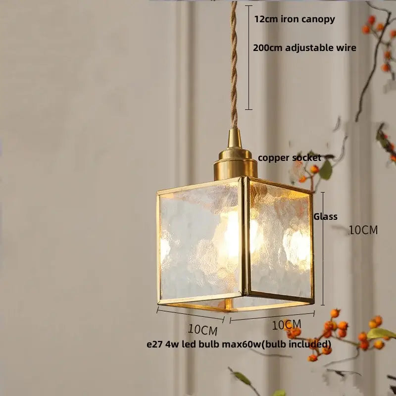 Modern teal and amber copper glass led pendant lamp with square brass frame textured glass panels and copper socket by decorbites