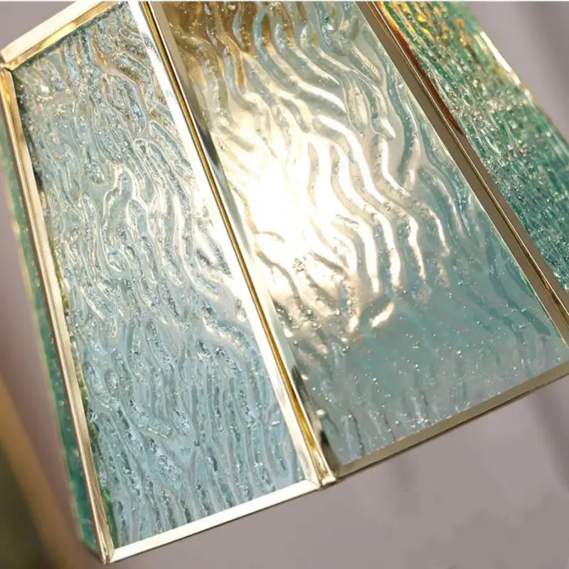 Modern teal and amber copper glass led pendant lamp with tri-panel wavy textured decorbites copper glass shade