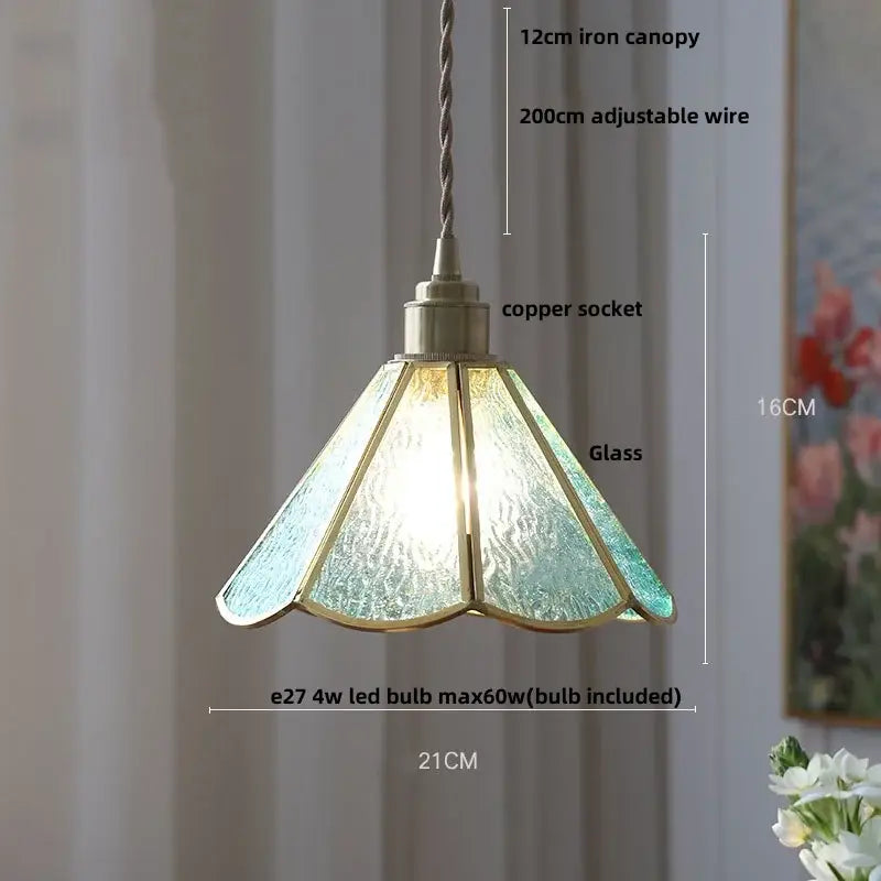 Modern teal and amber copper glass led pendant lamp with textured turquoise shade and brass decorbites copper glass trim