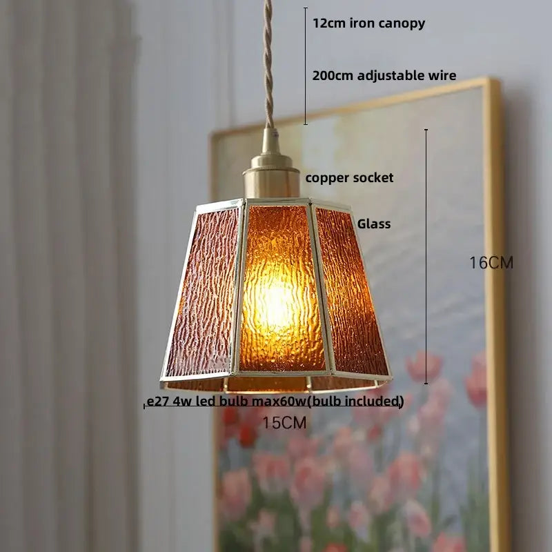 Modern teal and amber copper glass led pendant lamp with warm amber textured glass and brass decorbites copper glass frame