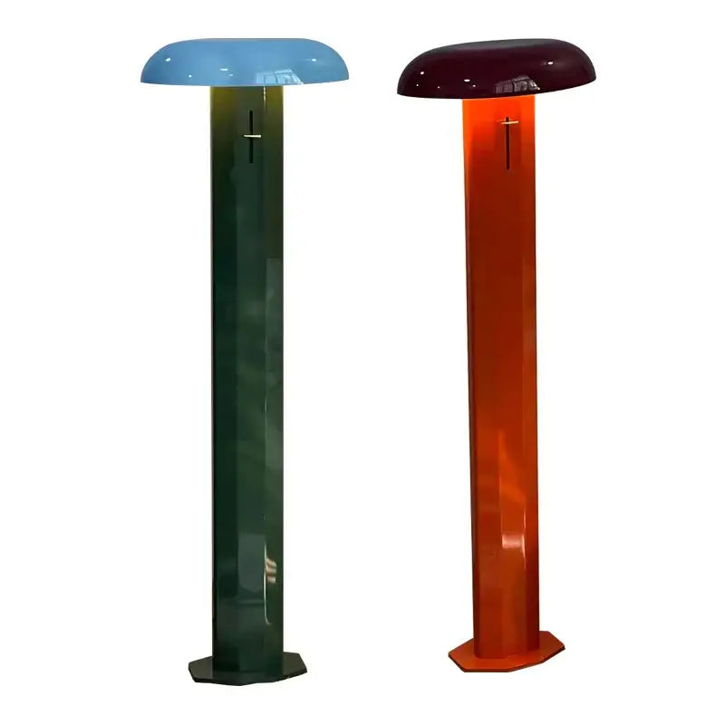 Two modern decorbites designer mushroom floor lamps with glossy acrylic bodies in teal blue and deep burgundy orange colors