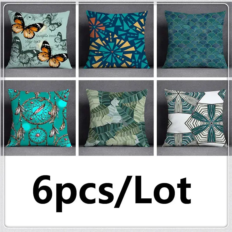 Modern teal cosmic leaves flower pillowcase set with six decorative throw pillows featuring green leaves flower motifs