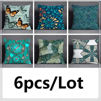 Modern teal cosmic leaves flower pillowcase set with six decorative throw pillows featuring green leaves flower motifs