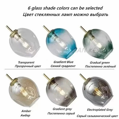 Modern teal glass branch ceiling chandelier with six glass lamp shades in transparent, gradient, amber, and electroplated grey finishes