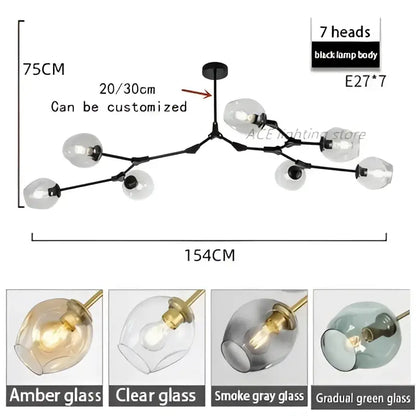 Black metal modern teal glass bubble branch chandelier with seven amber, clear, smoke gray, or gradient green globe shades