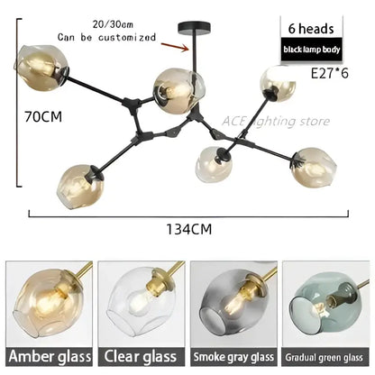 Modern teal glass bubble branch chandelier featuring black metal frame with six amber glass globe lights for dining room decorbites glass bubble