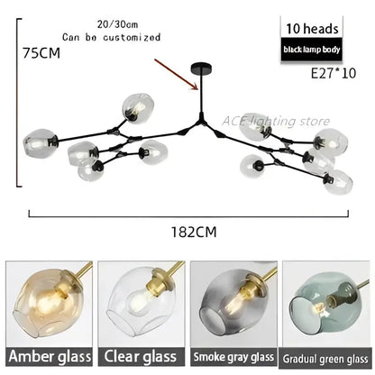 Modern teal glass bubble branch chandelier with ten amber clear smoke gray and gradual green glass globe lights for dining room decorbites glass bubble