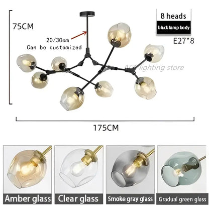 Modern teal glass bubble branch chandelier with eight amber glass globes and black metal frame for dining room decorbites glass bubble