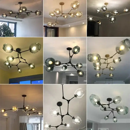 Modern teal glass bubble branch chandelier with a branching metal frame and smoky glass globe shades for dining room decorbites glass bubble