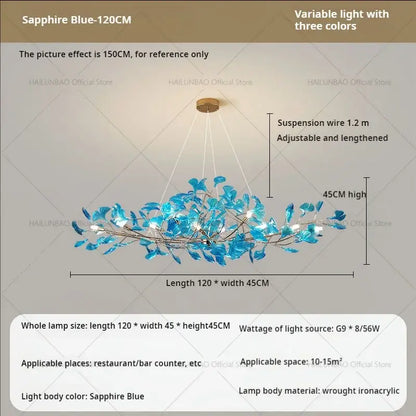 Modern teal glass gingko leaf chandelier with sapphire blue leaf-shaped glass and wrought iron acrylic decorbites gingko