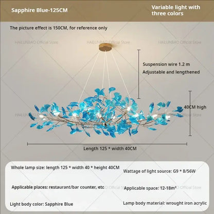 Modern teal glass gingko leaf chandelier with sapphire blue leaf shaped acrylic and wrought iron decorbites gingko leaf decor