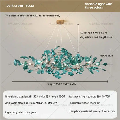Modern teal glass gingko leaf chandelier with dark green leaf-shaped glass and wrought iron acrylic frame by decorbites gingko