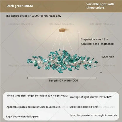 Modern teal glass gingko leaf chandelier with dark green wrought iron acrylic leaves and variable three-color lighting decorbites gingko leaf