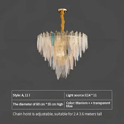 Modern teal and gold glass chandelier light with cascading translucent and blue-tinted glass shards for living room