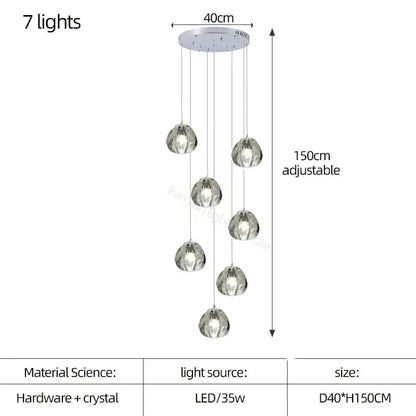 Modern teardrop silver-toned decorbites crystal led chandelier with seven hanging globe lights for living room decor
