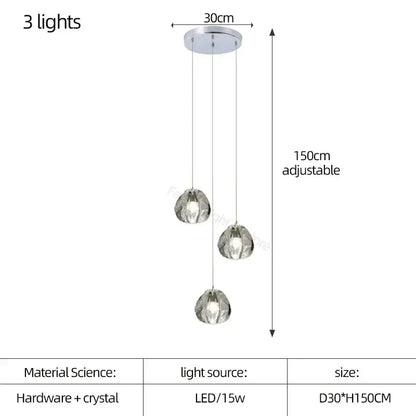 Modern teardrop decorbites crystal led chandelier with three chrome and crystal globe pendant lights for living room decor