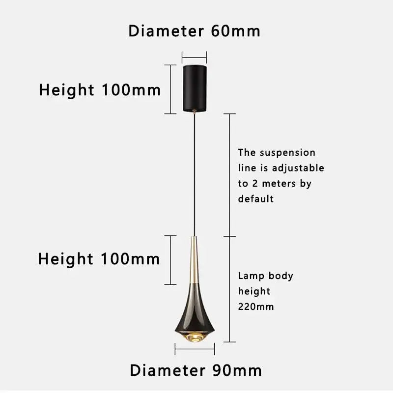 Modern teardrop black and gold glass pendant light with a white cord pendant light for dining room use