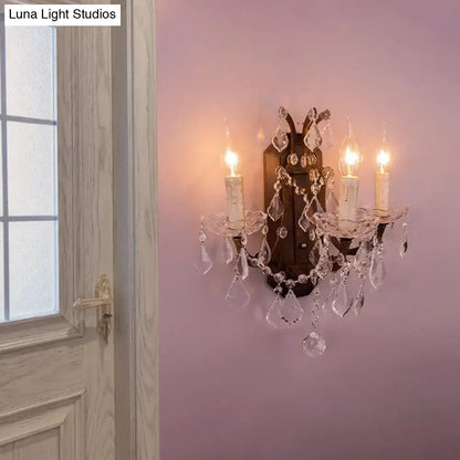 Antique bronze wall lamp with modern teardrop clear crystal droplets and prisms for living room decor