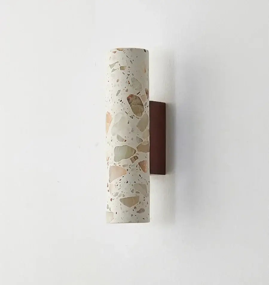 Modern terrazzo concrete led wall sconce with speckled white beige brown stone and dark wood backplate decorbites led wall