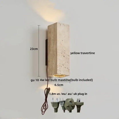 Modern terrazzo concrete led wall sconce in yellow travertine stone with minimalist rectangular design and gu10 led bulb