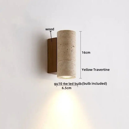 Modern terrazzo concrete yellow travertine led wall sconce with cylindrical shape and wooden backplate for decorbites led wall decor