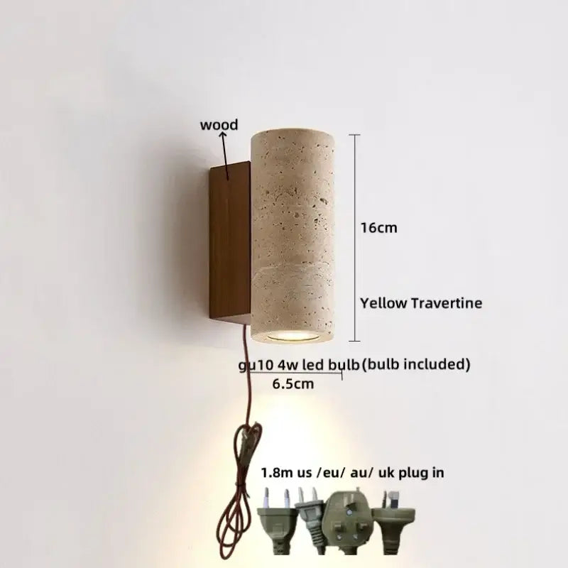 Yellow travertine cylindrical led wall sconce with wooden backplate modern terrazzo concrete wall sconce decorbites led wall