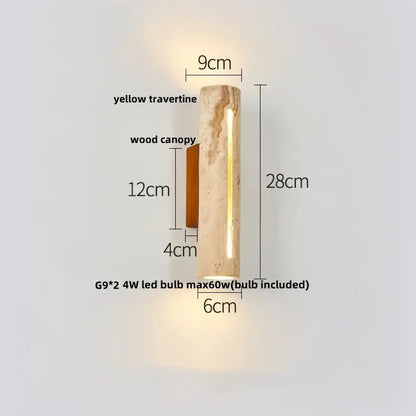 Modern terrazzo cube led wall light fixture with yellow travertine cylinder and wooden canopy for decorbites led wall use