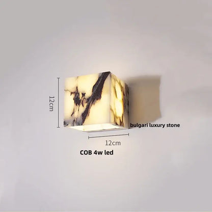 Modern terrazzo cube led wall light fixture with translucent veined bulgari stone and warm cob 4w led glow for bedroom decorbites led wall