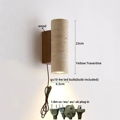 Modern terrazzo cube led wall light fixture featuring a yellow travertine cylindrical wall sconce with wooden backplate