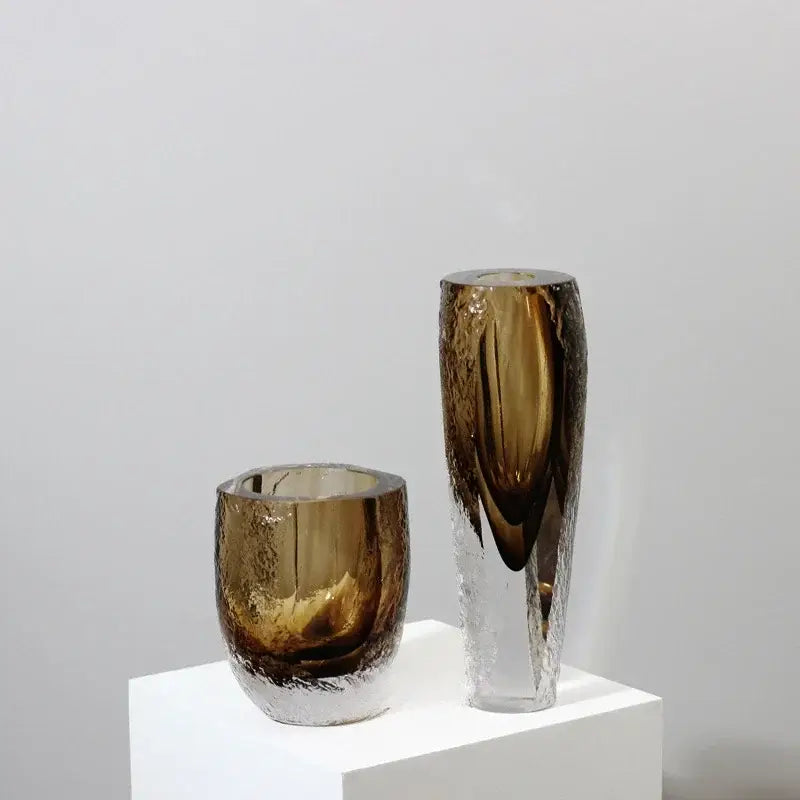 Two amber-tinted brown glazed glass vases with textured frosted surfaces for modern living room decorbites brown glazed ornament